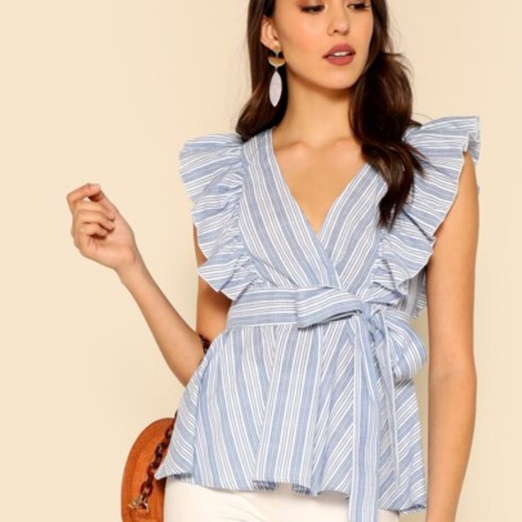 Tops - Women's Ruffle Wrap Belted Striped Blouse